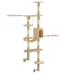 Kissan kiipeilypuu, sisal-pylväillä, seinäkiinnitys, 194cm, beige