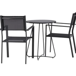 Parvekeryhmä Venture Home, ø60cm beige Bacong-pöytä + 2 mustaa, pinottavaa Copacabana-tuolia