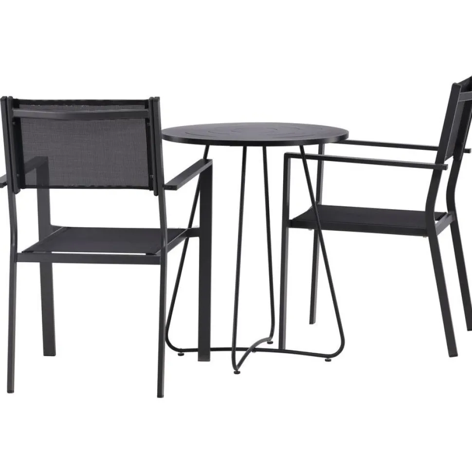 Parvekeryhmä Venture Home, ø60cm beige Bacong-pöytä + 2 mustaa, pinottavaa Copacabana-tuolia