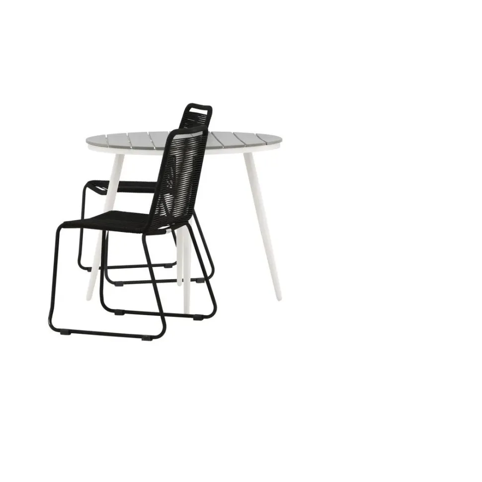 Parvekeryhmä Venture Home, ø90cm, harmaa/valkoinen Break-pöytä + 2 mustaa, pinottavaa Lindos-tuolia