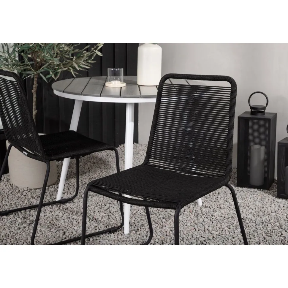 Parvekeryhmä Venture Home, ø90cm, harmaa/valkoinen Break-pöytä + 2 mustaa, pinottavaa Lindos-tuolia