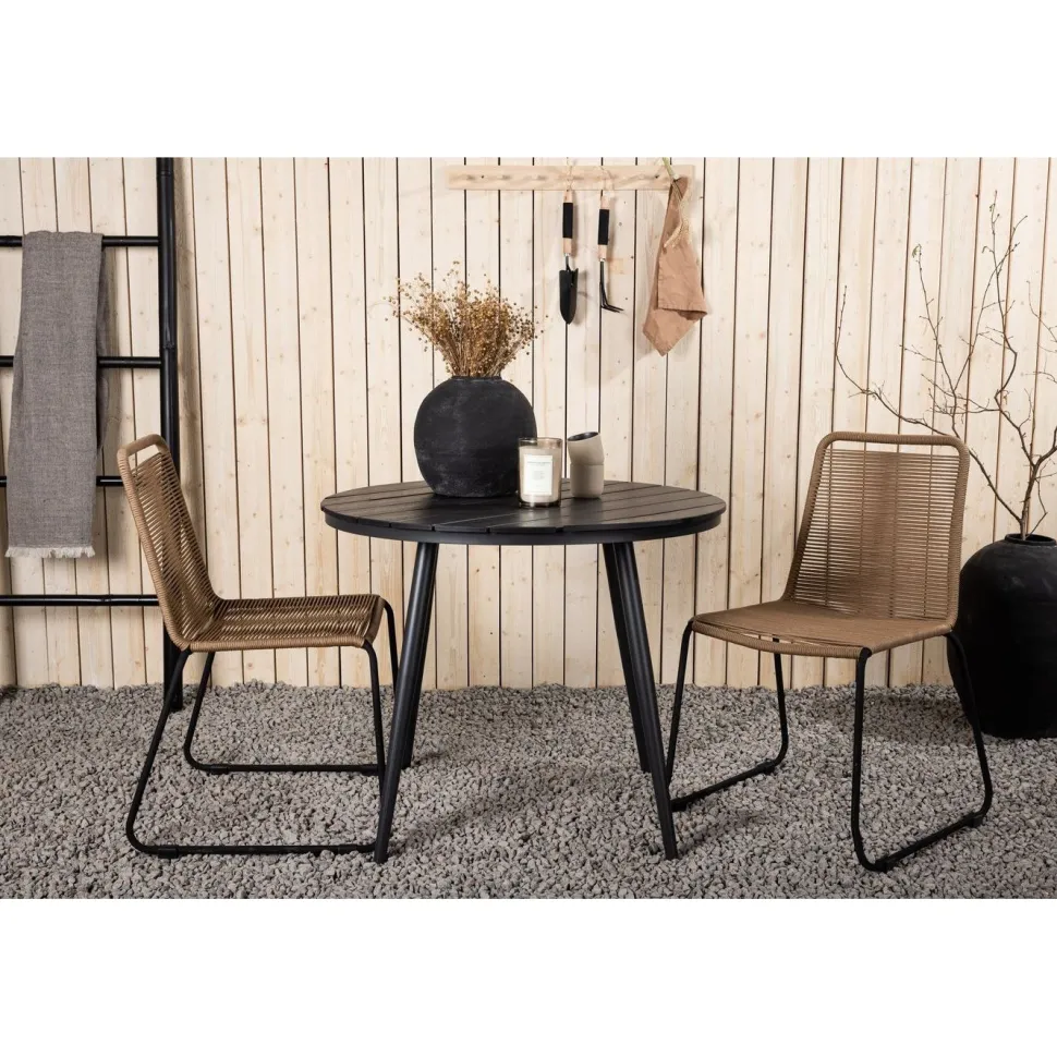 Parvekeryhmä Venture Home, ø90cm, harmaa/valkoinen Break-pöytä + 2 mustaa, pinottavaa Lindos-tuolia