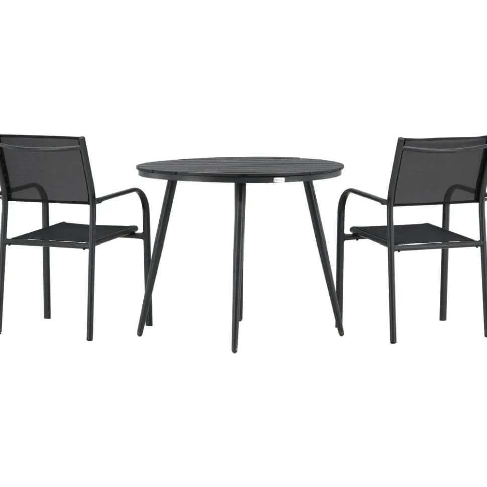 Parvekeryhmä Venture Home, ø90cm, musta Break-pöytä + 2 mustaa, pinottavaa Santorini-tuolia