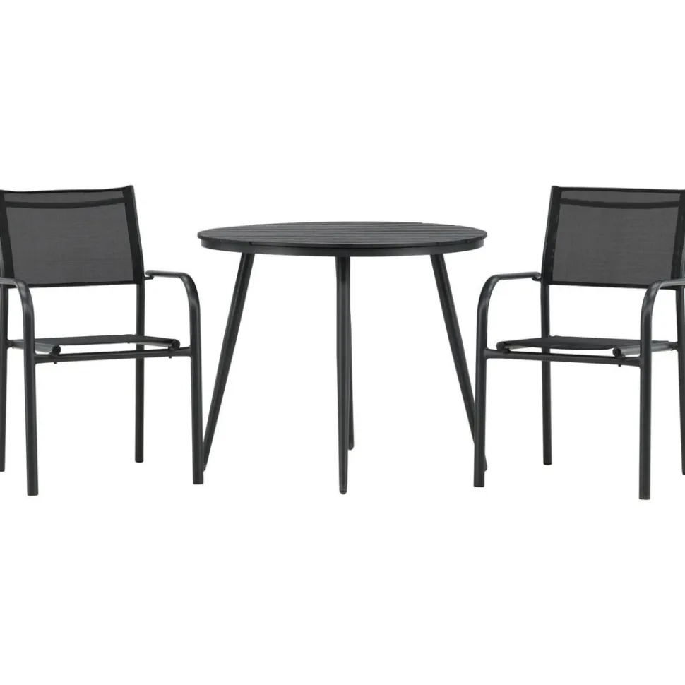 Parvekeryhmä Venture Home, ø90cm, musta Break-pöytä + 2 mustaa, pinottavaa Santorini-tuolia
