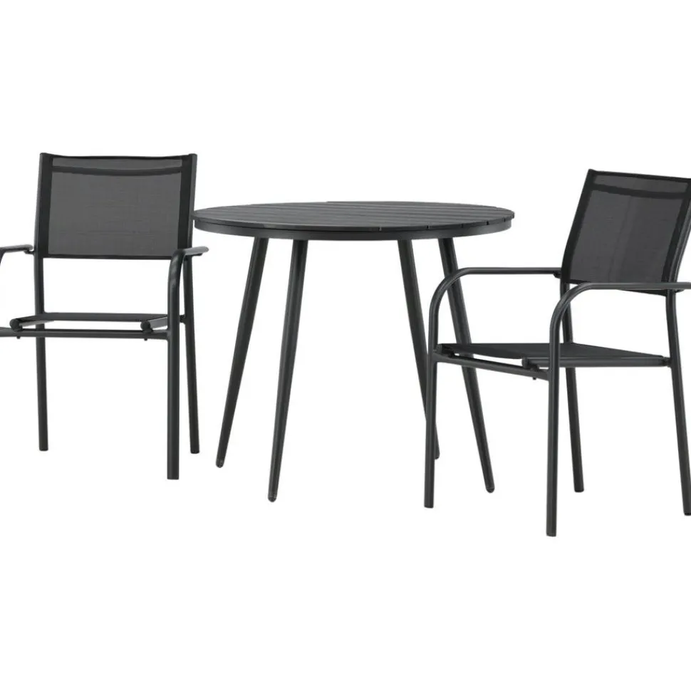 Parvekeryhmä Venture Home, ø90cm, musta Break-pöytä + 2 mustaa, pinottavaa Santorini-tuolia