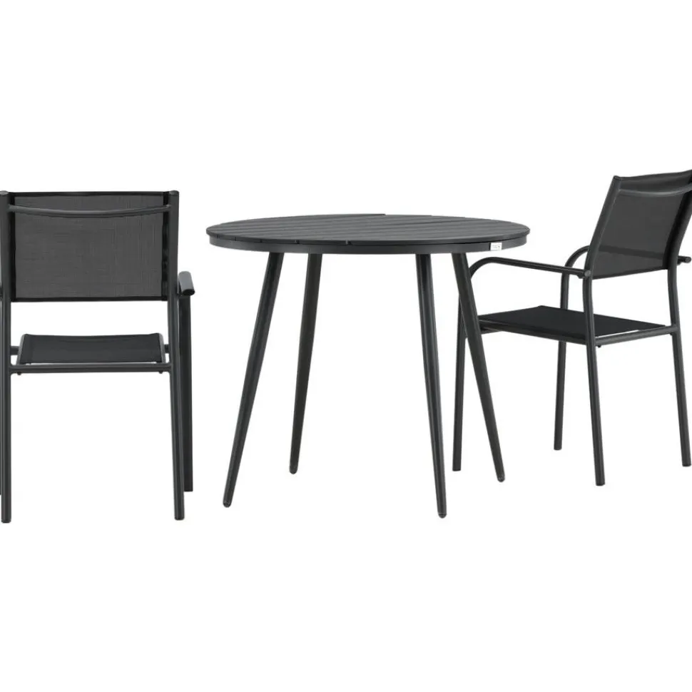 Parvekeryhmä Venture Home, ø90cm, musta Break-pöytä + 2 mustaa, pinottavaa Santorini-tuolia