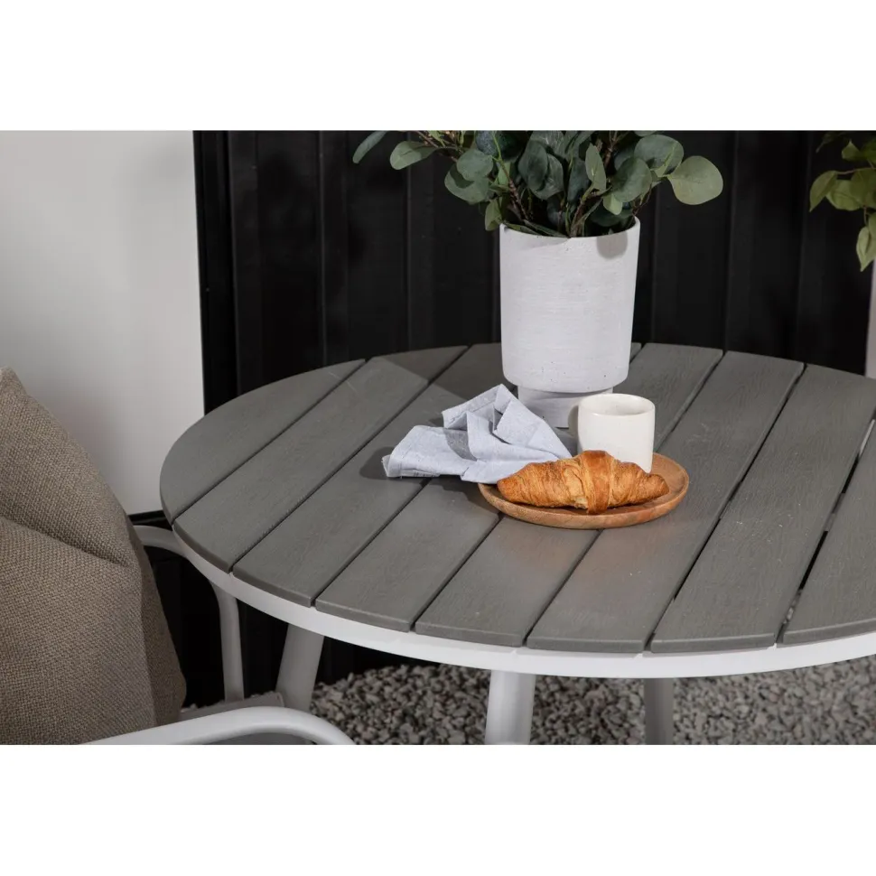 Parvekeryhmä Venture Home, ø90cm, musta Break-pöytä + 2 mustaa, pinottavaa Santorini-tuolia