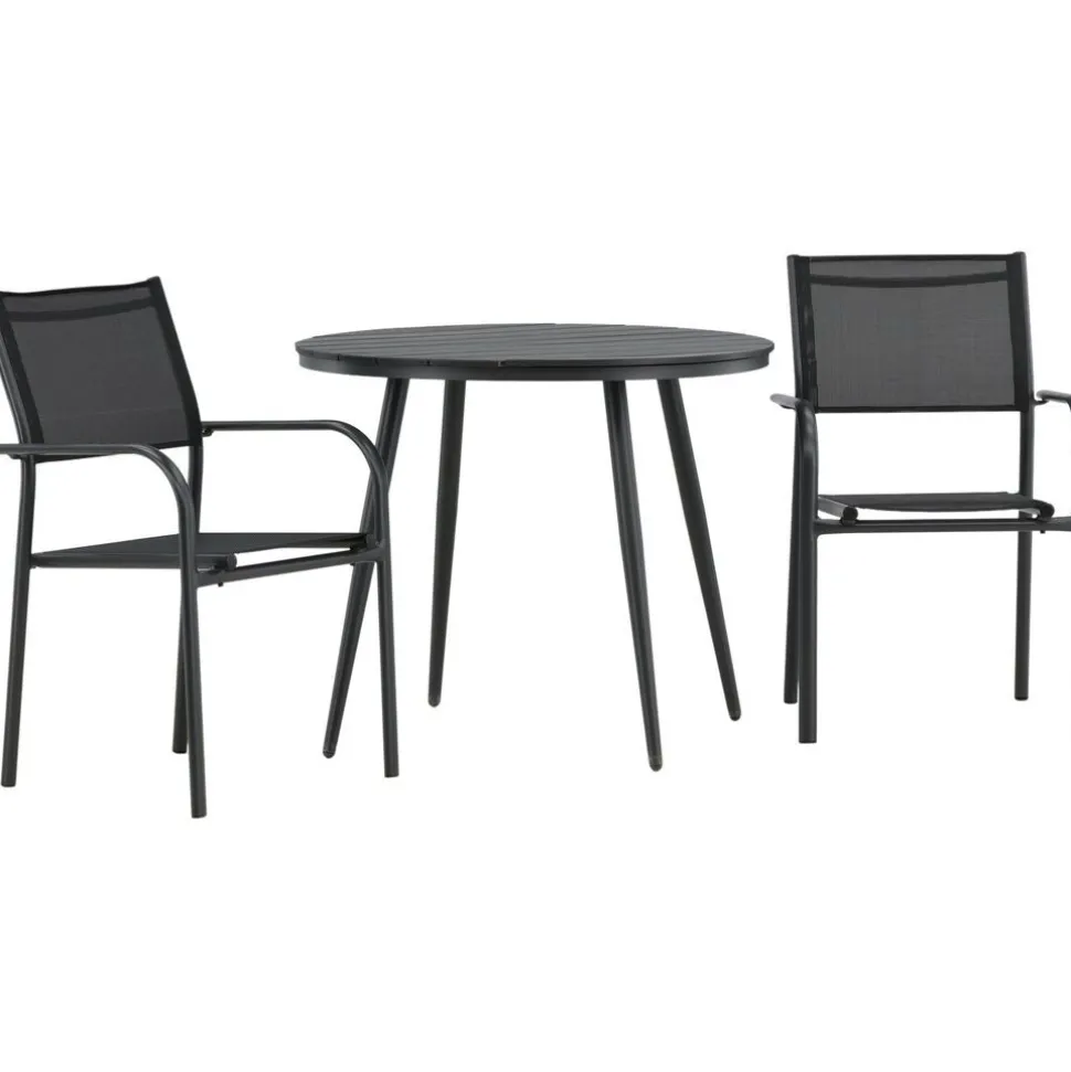 Parvekeryhmä Venture Home, ø90cm, musta Break-pöytä + 2 mustaa, pinottavaa Santorini-tuolia
