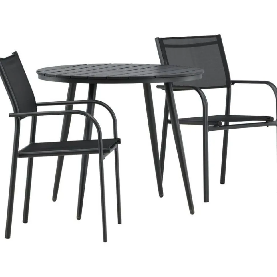 Parvekeryhmä Venture Home, ø90cm, musta Break-pöytä + 2 mustaa, pinottavaa Santorini-tuolia