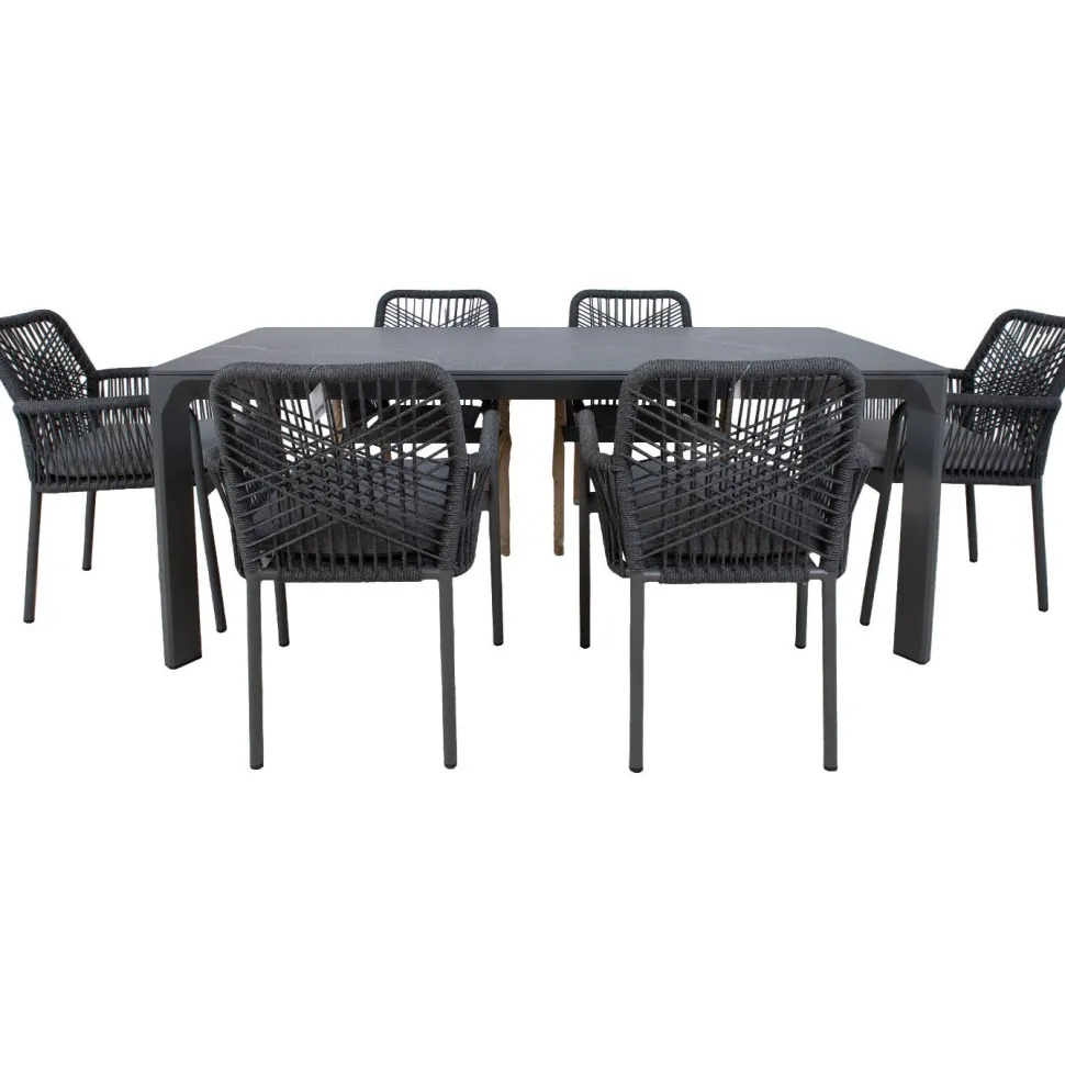Puutarhakalustesetti Home4You CARVES olefiiniköysipunostuoleilla, 6 tuolia, harmaa