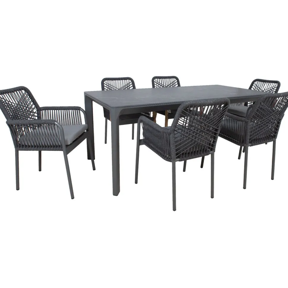 Puutarhakalustesetti Home4You CARVES olefiiniköysipunostuoleilla, 6 tuolia, harmaa