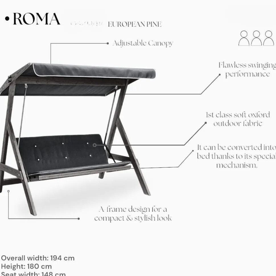Puutarhakeinu Linento Garden Roma, 3-istuttava, laivastonsininen