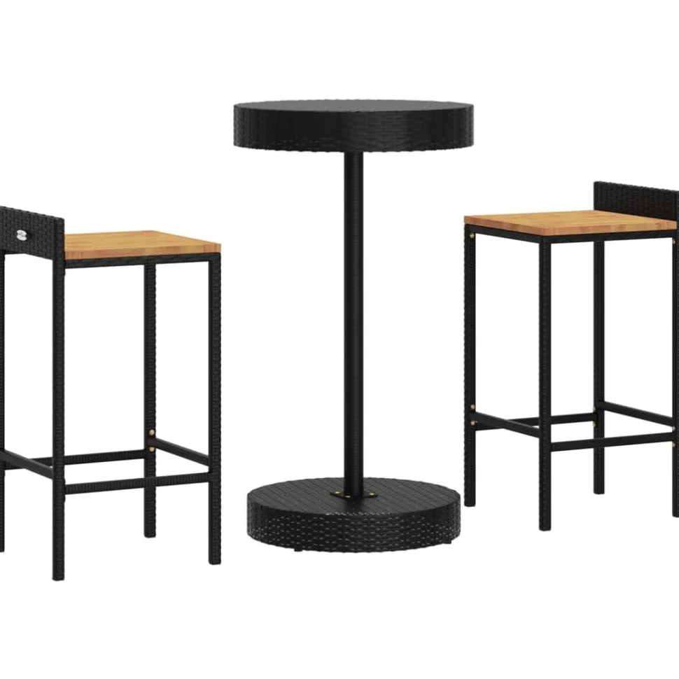 Puutarhan bistrosarja 3-osainen musta polyrottinki/täysi akasiapuu (87714)