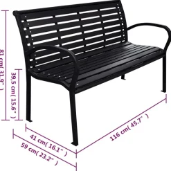 Puutarhapenkki musta 116 cm teräs ja WPC (19578)