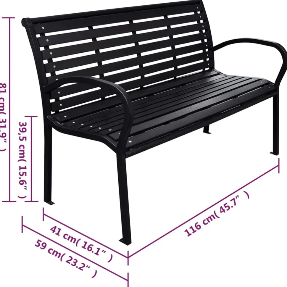 Puutarhapenkki musta 116 cm teräs ja WPC (19578)