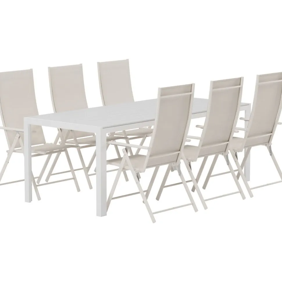 Ruokailuryhmä ulos Venture Home, valkoinen Break-pöytä 205x90cm + 6 beigeä Levanzo-tuolia