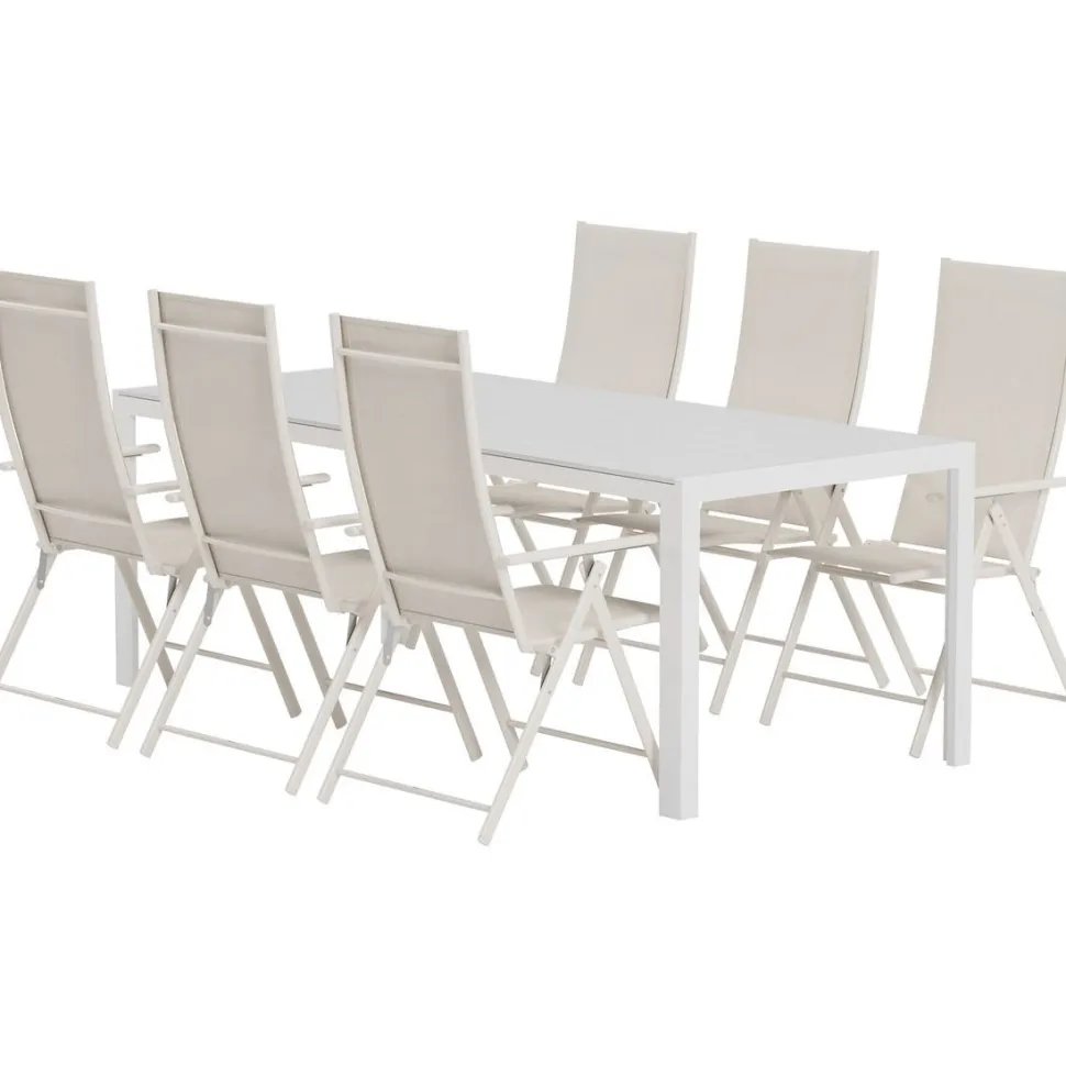 Ruokailuryhmä ulos Venture Home, valkoinen Break-pöytä 205x90cm + 6 beigeä Levanzo-tuolia