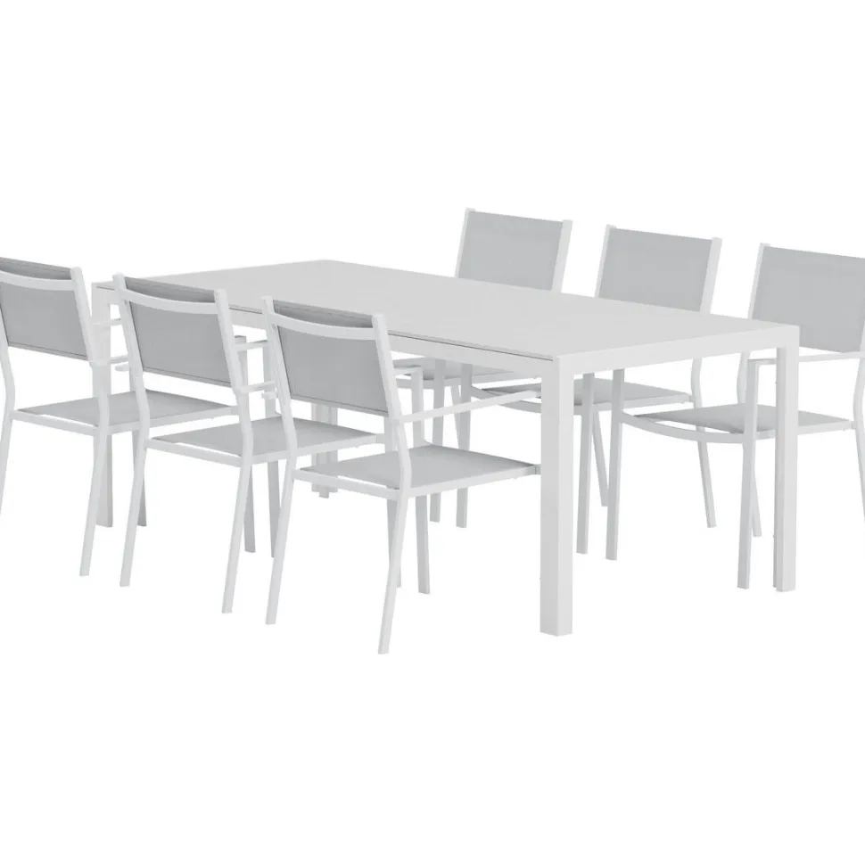 Ruokailuryhmä ulos Venture Home, valkoinen Break-pöytä 205x90cm + 6 harmaata Copacabana-tuolia