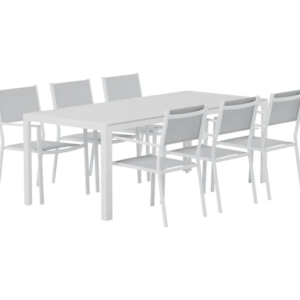 Ruokailuryhmä ulos Venture Home, valkoinen Break-pöytä 205x90cm + 6 harmaata Copacabana-tuolia