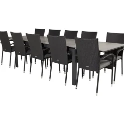 Ruokailuryhmä Venture Home, 229/310x100cm jatkettava harmaa/musta Levels-pöytä + 10 mustaa Anna-tuolia