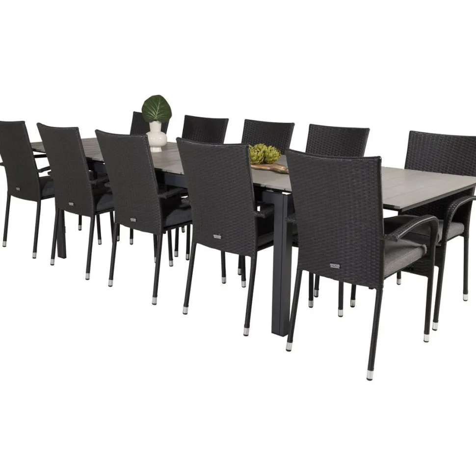 Ruokailuryhmä Venture Home, 229/310x100cm jatkettava harmaa/musta Levels-pöytä + 10 mustaa Anna-tuolia