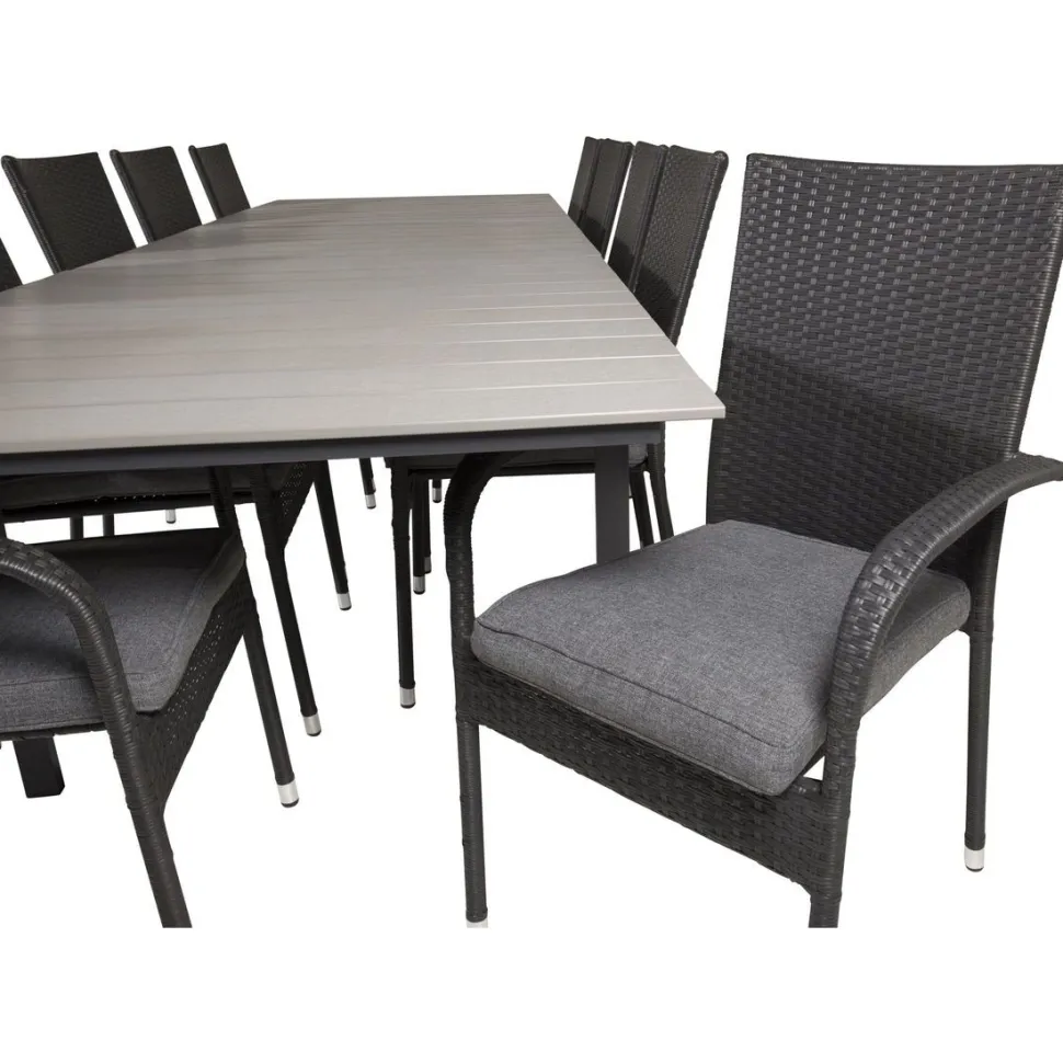 Ruokailuryhmä Venture Home, 229/310x100cm jatkettava harmaa/musta Levels-pöytä + 10 mustaa Anna-tuolia