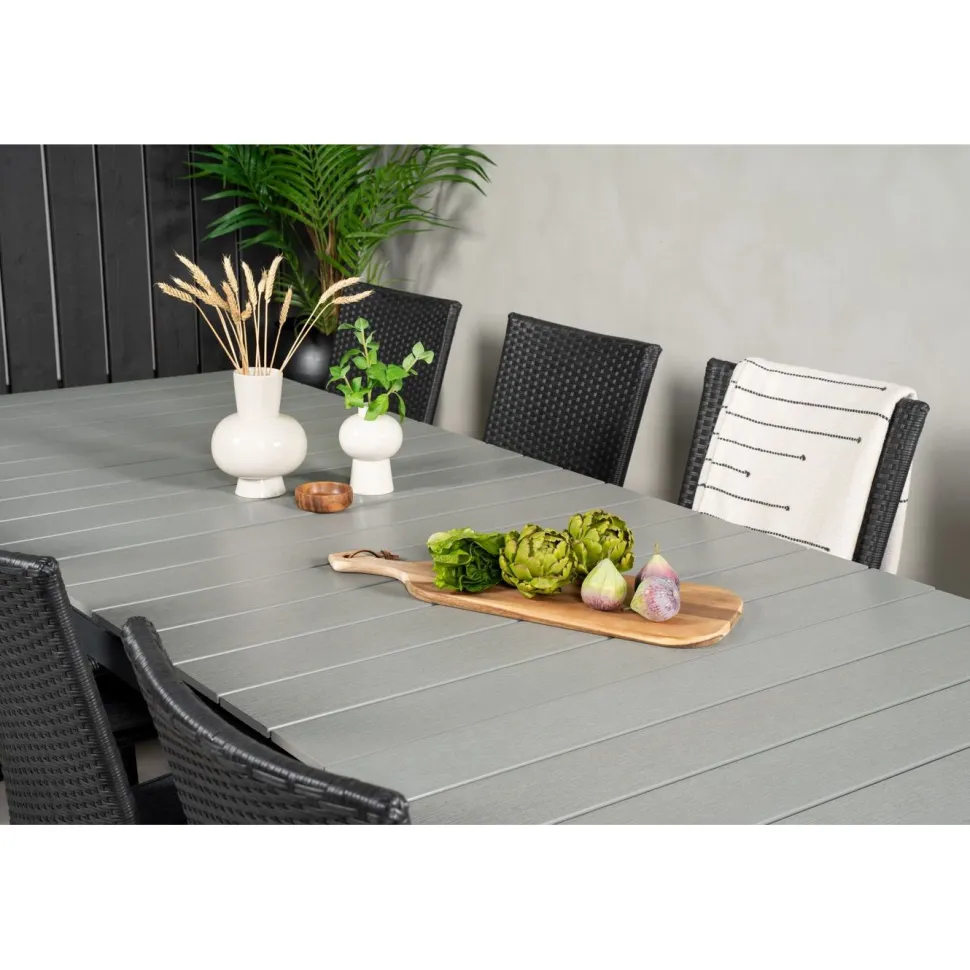 Ruokailuryhmä Venture Home, 229/310x100cm jatkettava harmaa/musta Levels-pöytä + 10 mustaa Anna-tuolia