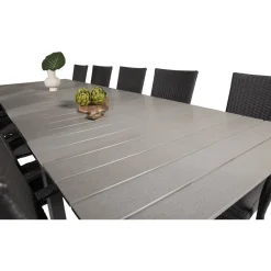 Ruokailuryhmä Venture Home, 229/310x100cm jatkettava harmaa/musta Levels-pöytä + 10 mustaa Anna-tuolia