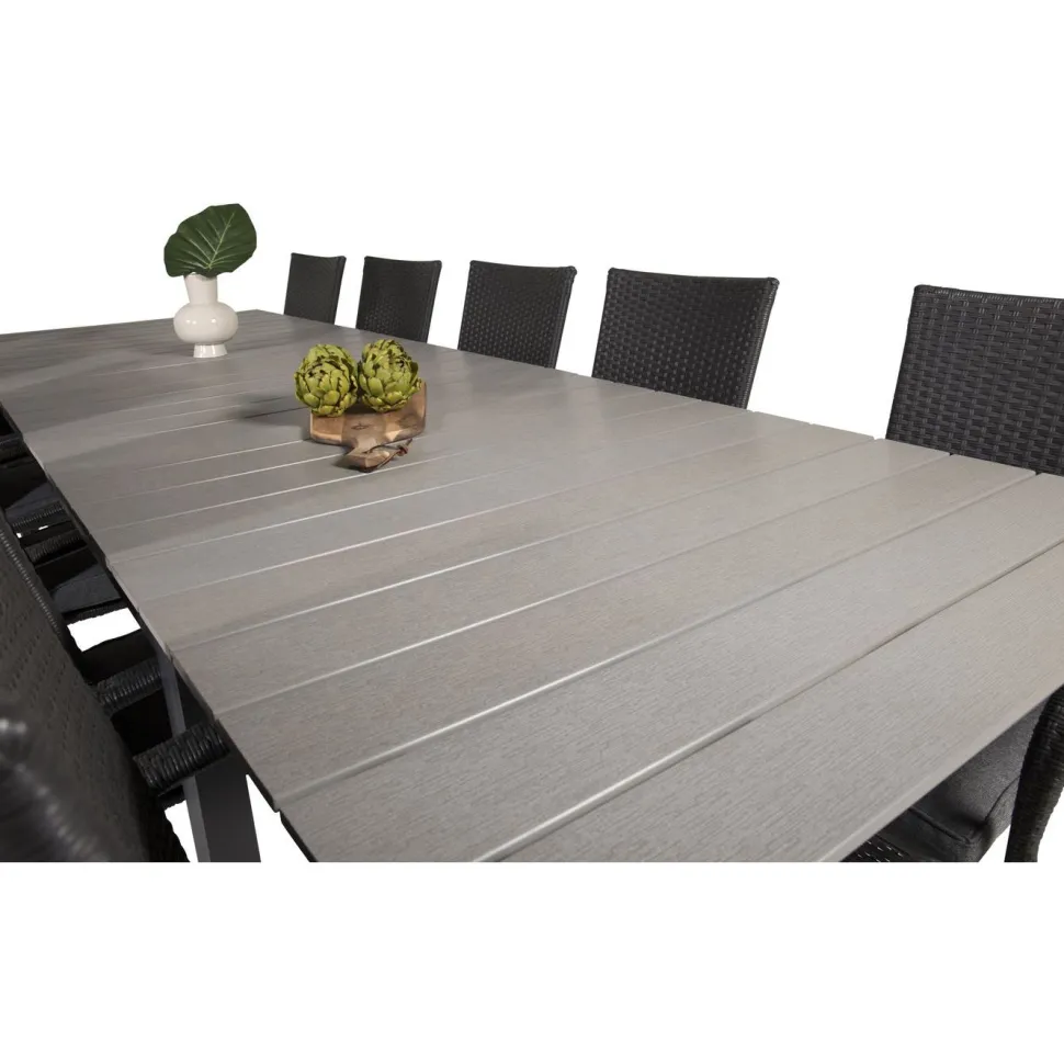 Ruokailuryhmä Venture Home, 229/310x100cm jatkettava harmaa/musta Levels-pöytä + 10 mustaa Anna-tuolia