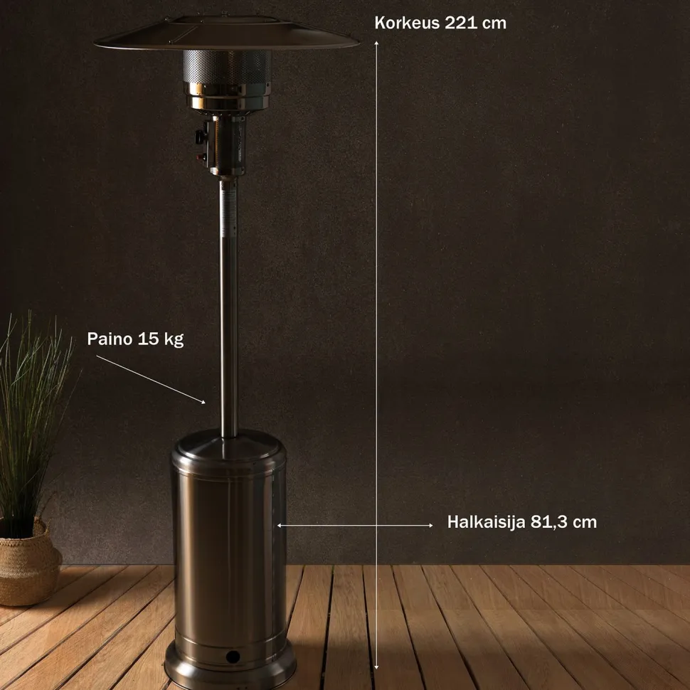 Terassilämmitin Fornorth Cylinder, 13kW kaasukäyttöinen, rosteri