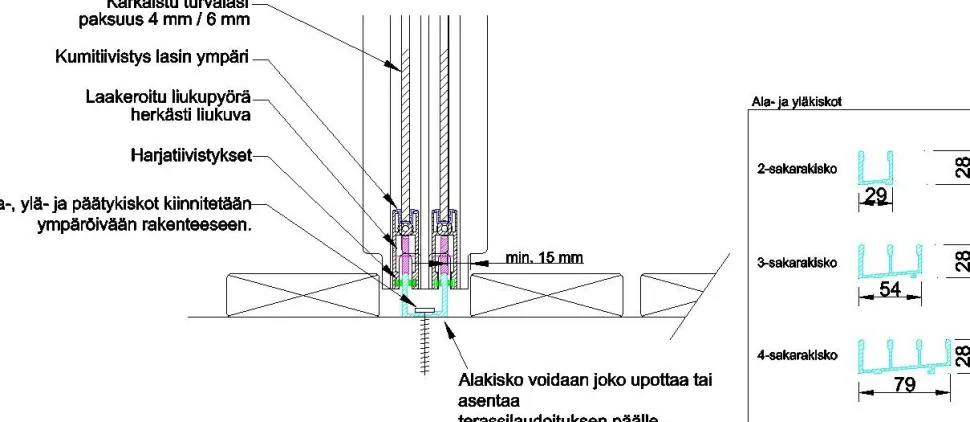 Terassin lasiliukuovi Keraplast, 3-os., valkoinen, kirkas lasi, mittatilaus
