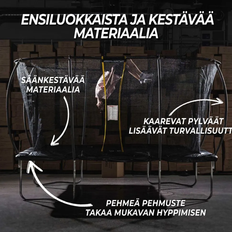 Trampoliini Stratos turvaverkolla suorakaide eri kokoja