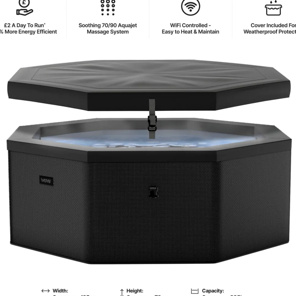 Ulkoporeallas Wave Spa Como, 6 hlöä, 90 suutinta, WiFi, kahdeksankulmainen, koottava, musta