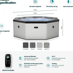 Ulkoporeallas Wave Spa Como, 6 hlöä, 90 suutinta, WiFi, kahdeksankulmainen, koottava, harmaa